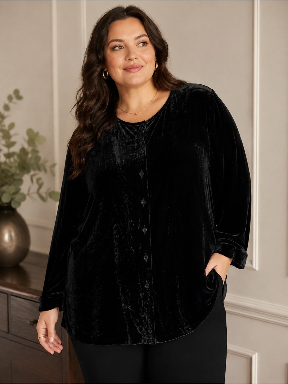 Anne Carson Black Silk Rayon Velvet Button Front Jacket Blouse Plus 1X 90s/Y2K